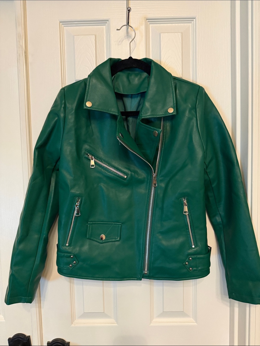 Women's Emerald Green Faux Leather Moto Jacket with Silver Hardware